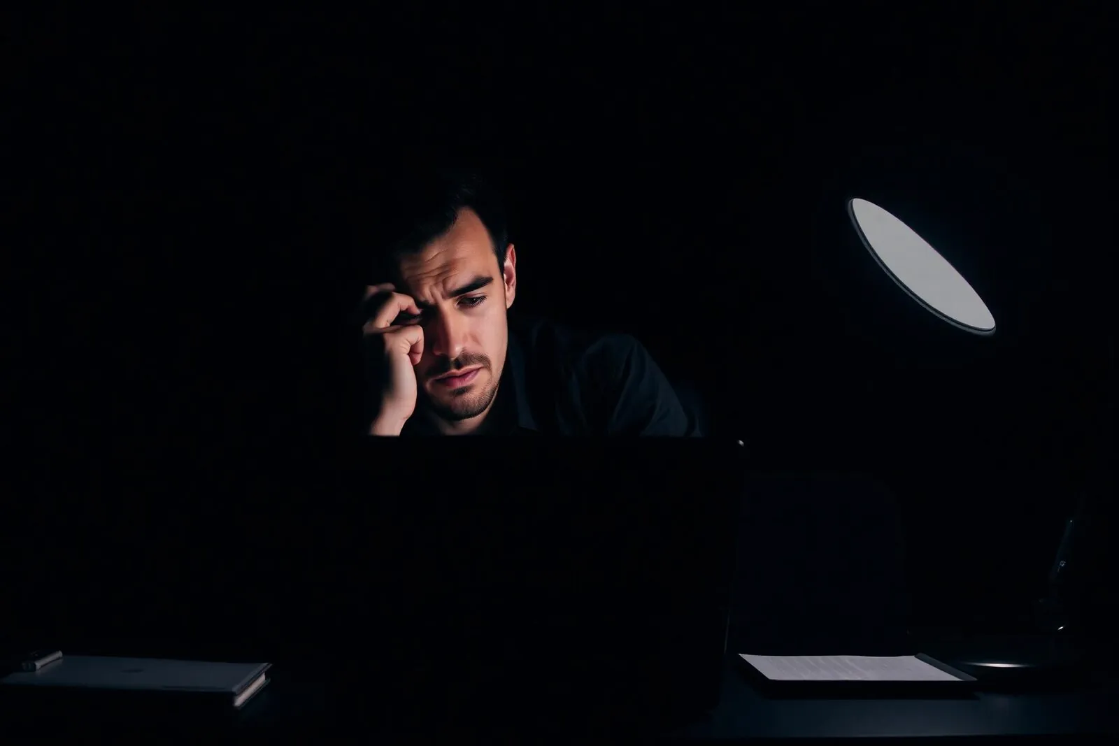 Vermoeide ondernemer achter laptop