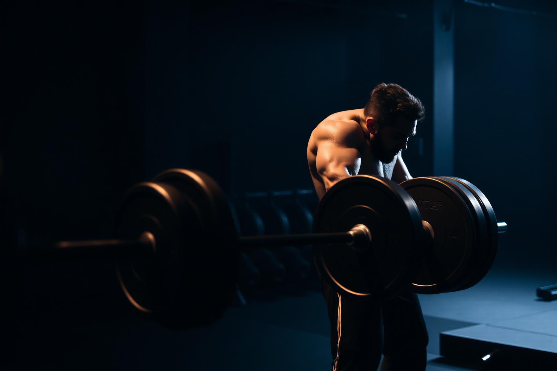 Atleet doet deadlift met barbell in donkere studio