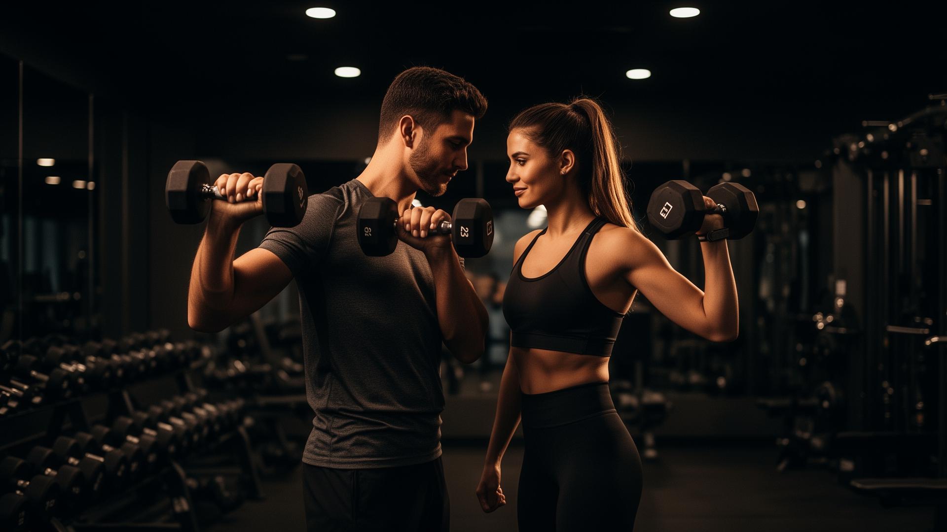 Koppel traint samen met dumbbells in een sfeervolle gym