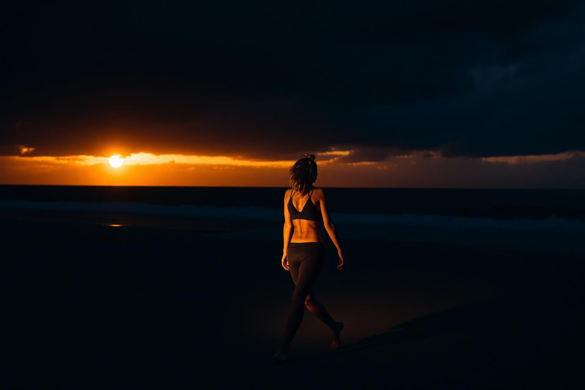 Vrouw loopt over strand bij zonsondergang